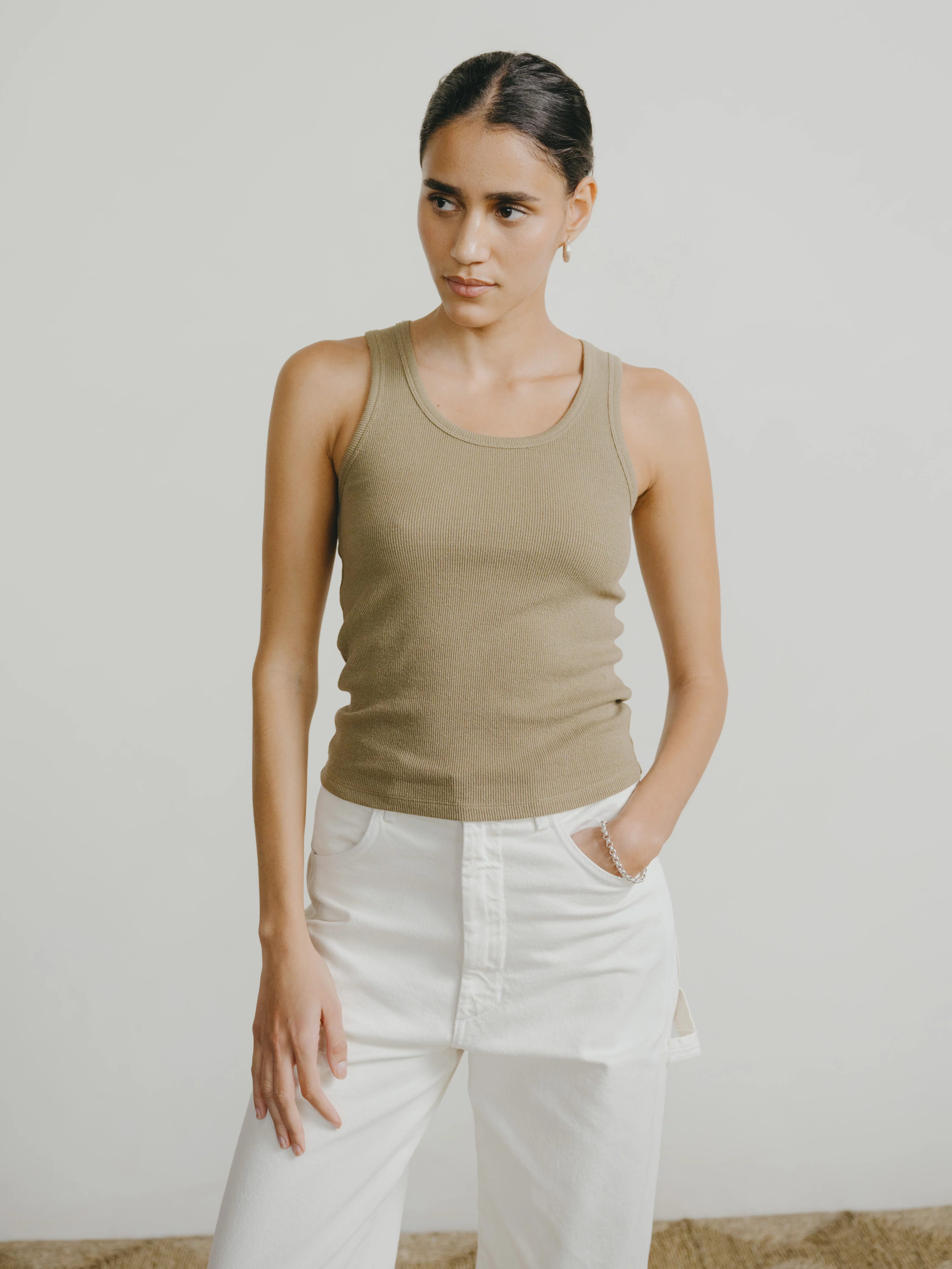 Classic Tank, Ribbed Silk Noil Jersey, Cactus - Image 3