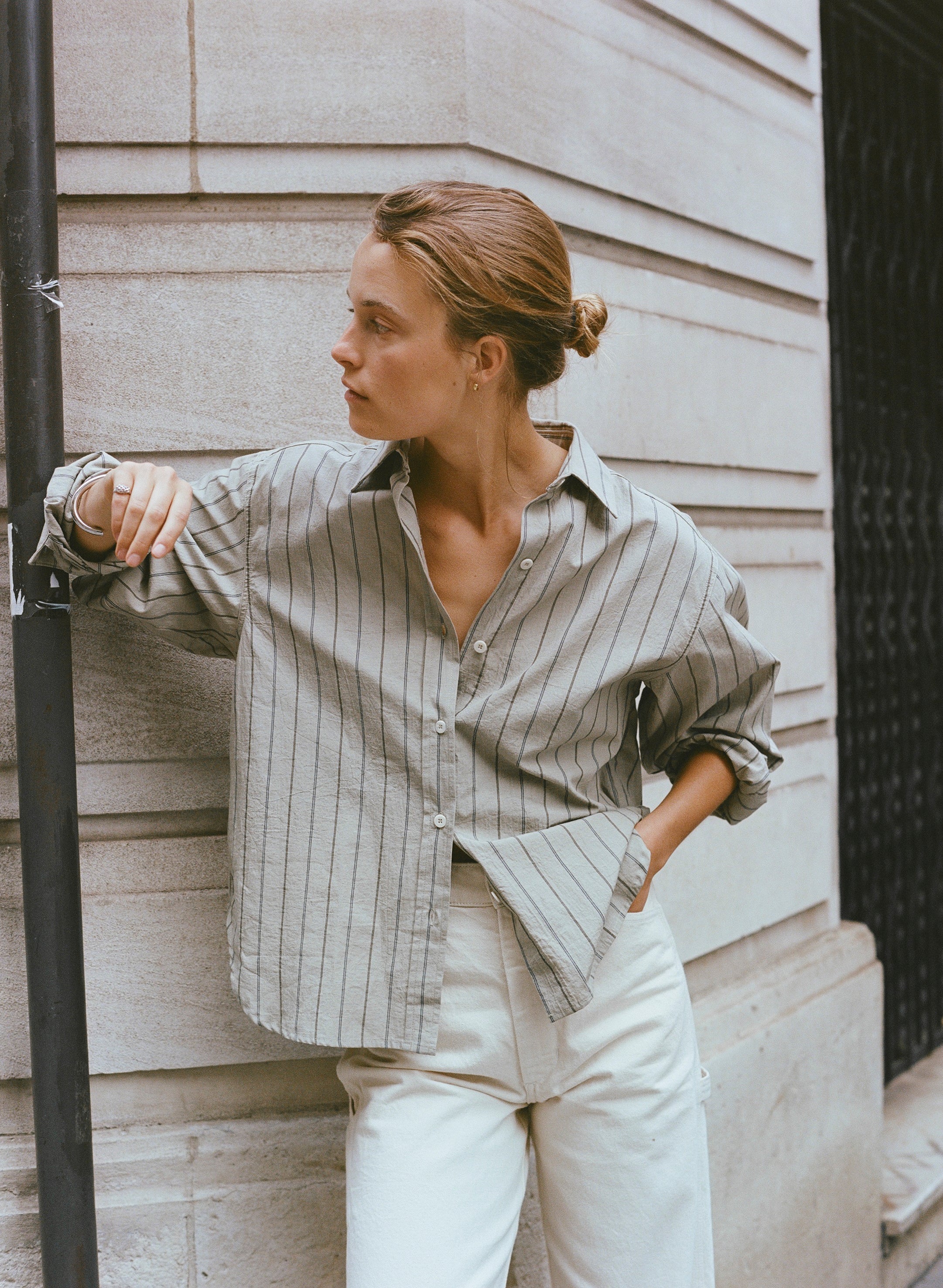 Marcie Shirt, Japanese Organic Cotton, Olive Stripe - Image 3