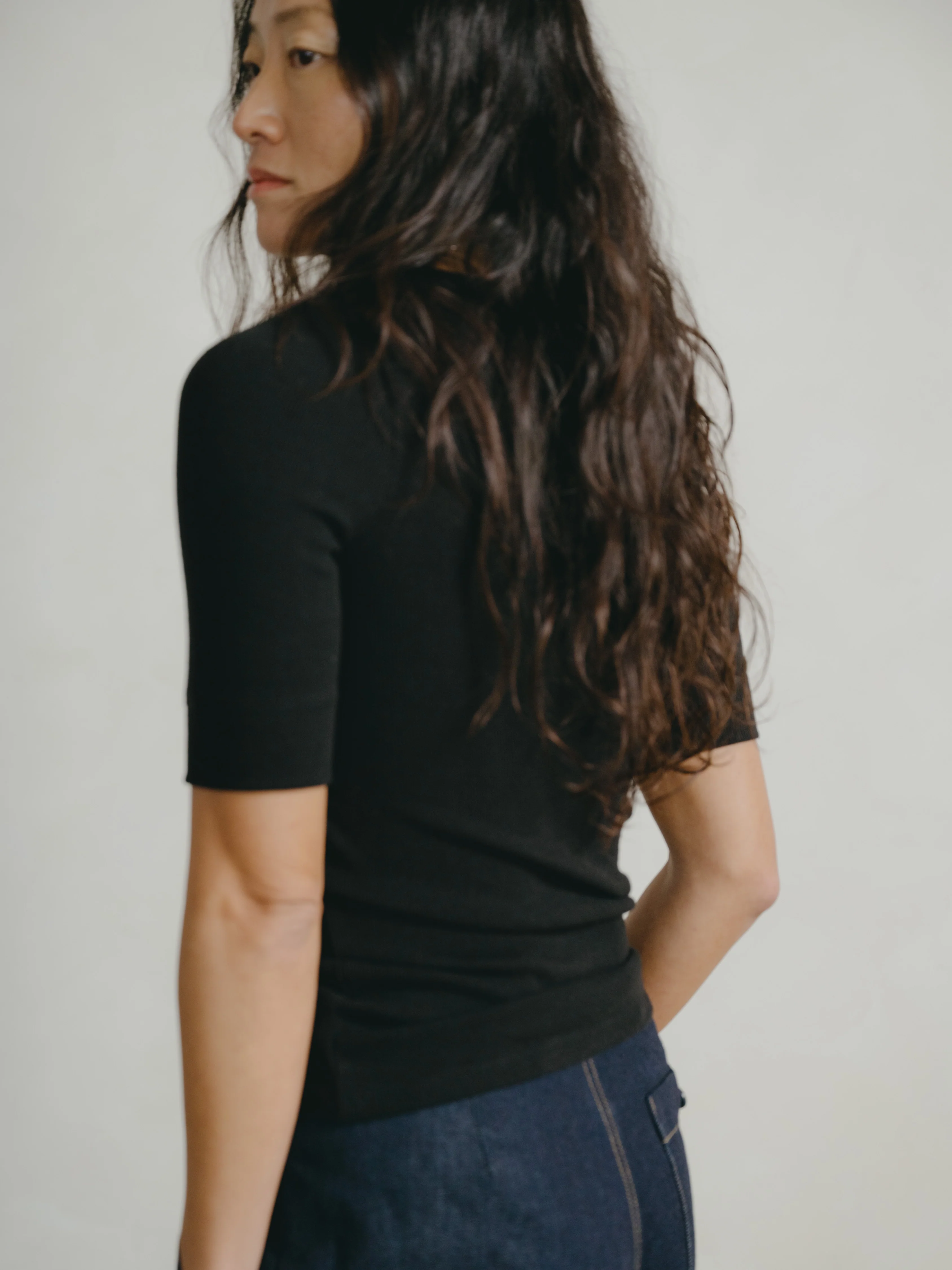 Rib Tee, Ribbed Silk Noil Jersey, Black - Image 3